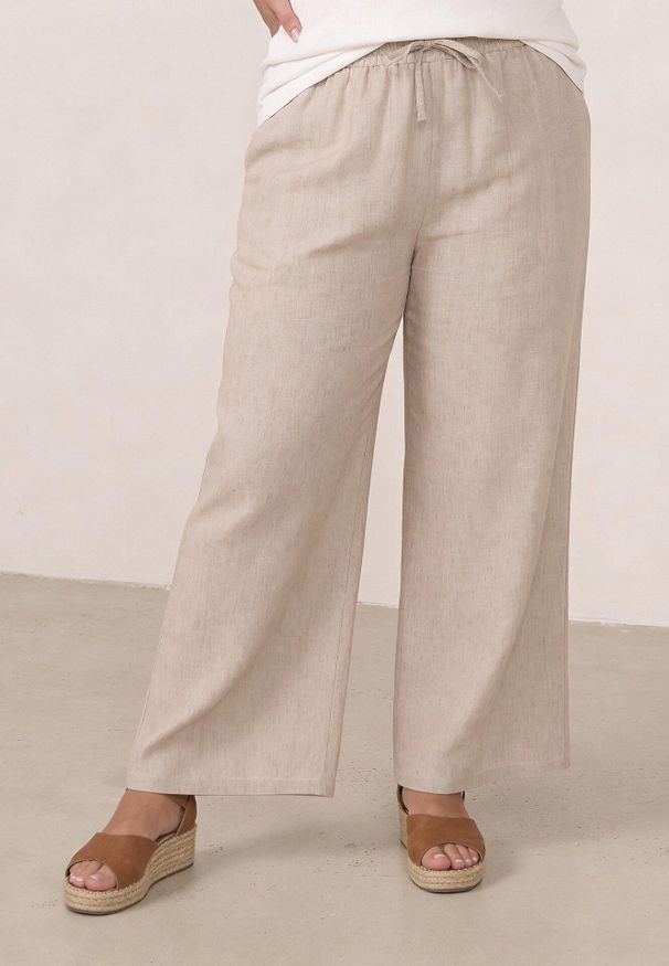 Born2be - Beżowe Spodnie Casual Szerokie ze Sznurkiem i Gumką w Pasie Caeena. Okazja: na co dzień. Kolekcja: plus size. Kolor: beżowy. Długość: długie. Styl: casual