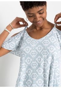 Shirt cold-shoulder LENZING™ ECOVERO™ bonprix pudrowy niebieski - biały w deseń paisley. Kolor: fioletowy. Długość rękawa: na ramiączkach. Wzór: paisley #2