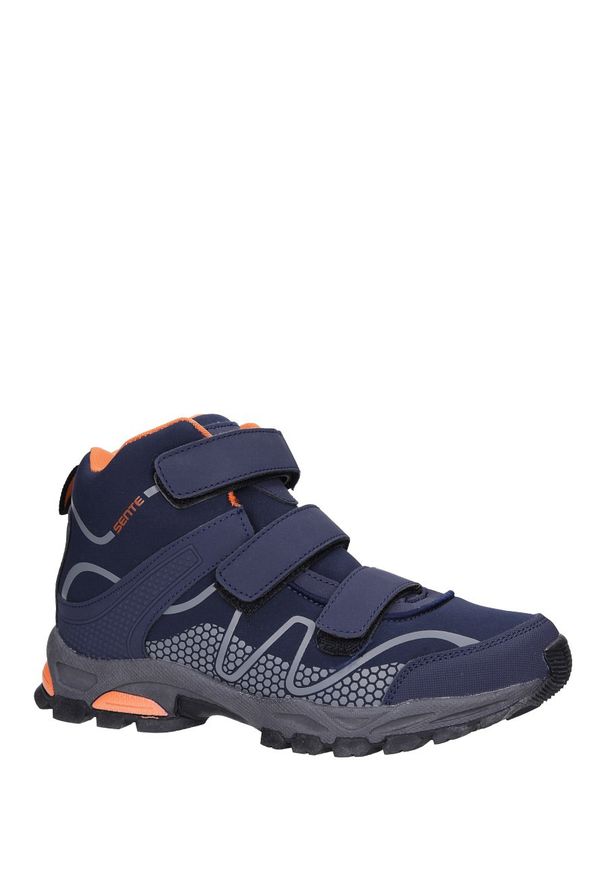 Casu - Granatowe buty trekkingowe na rzepy softshell casu a1516b-2. Zapięcie: rzepy. Kolor: pomarańczowy, niebieski, wielokolorowy. Materiał: softshell