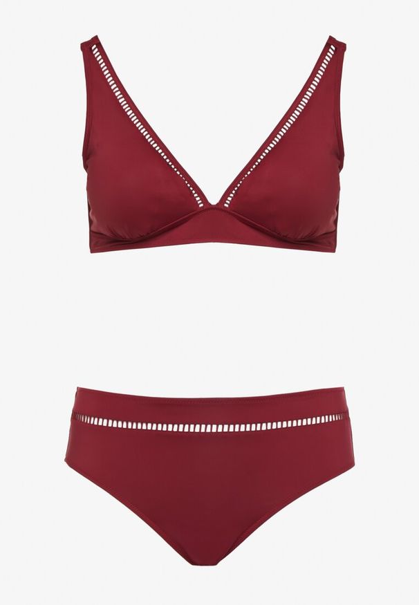 Born2be - Bordowe Bikini Biustonosz i Majtki Typu Figi z Ażurowym Wzorem Lunella. Kolor: czerwony. Wzór: ażurowy