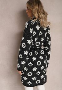 Renee - Czarny Kardigan z Wiązanym Paskiem Ozdobiony Wzorem w Kwiaty Timonen. Kolor: czarny. Materiał: tkanina, dzianina, materiał. Wzór: aplikacja, kwiaty
