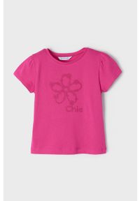 Mayoral T-shirt bawełniany dziecięcy kolor różowy. Okazja: na co dzień. Kolor: różowy. Materiał: bawełna. Długość rękawa: krótki rękaw. Długość: krótkie. Wzór: nadruk. Styl: casual