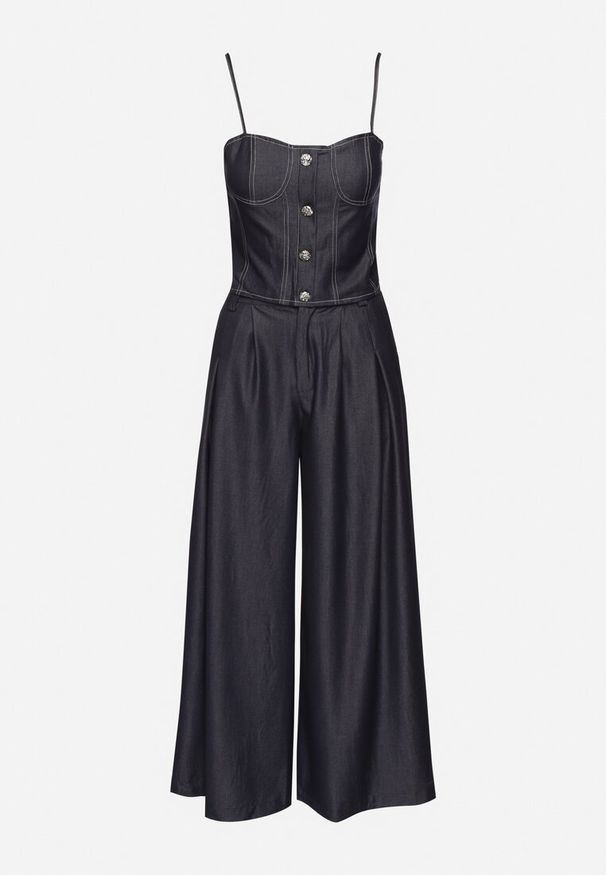 Born2be - Granatowy Komplet z Wiskozy Szerokie Spodnie i Top na Ramiączkach Zidaniel. Kolor: niebieski. Materiał: wiskoza