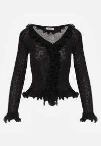 Born2be - Czarna Prążkowana Bluzka z Wiskozą Ozdobiona Falbanami Pronasia. Okazja: na co dzień. Kolor: czarny. Materiał: prążkowany, wiskoza. Wzór: aplikacja. Styl: casual, elegancki, klasyczny #4