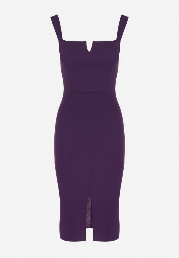 Born2be - Fioletowa Dopasowana Sukienka Ozdobiona Wycięciem Lenassi. Okazja: na co dzień. Kolor: fioletowy. Wzór: aplikacja. Styl: elegancki, klasyczny, casual