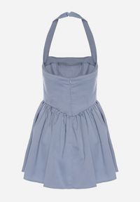 Born2be - Niebieska Rozkloszowana Sukienka Vices z Paskiem na Szyję Nelimira. Okazja: na co dzień. Kolor: niebieski. Wzór: aplikacja. Styl: elegancki, casual #5