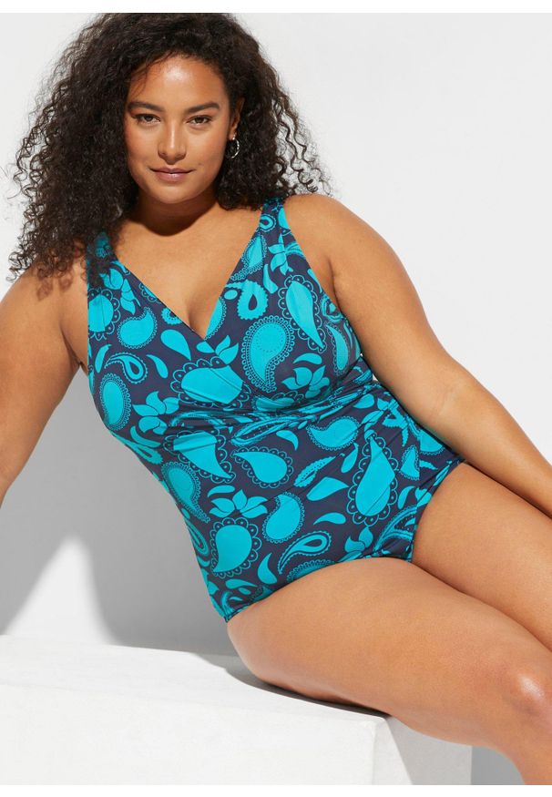 bonprix - Kostium kąpielowy shape, lekki stopień modelowania sylwetki, z efektem założenia kopertowego. Kolor: niebieski. Materiał: materiał