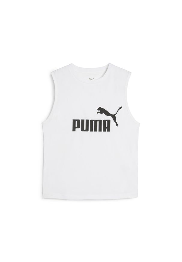 Puma - Damska wąska koszulka bez rękawów z logo No. 1 ESS PUMA White. Kolor: biały. Materiał: guma. Długość rękawa: bez rękawów. Wzór: nadruk. Sport: bieganie