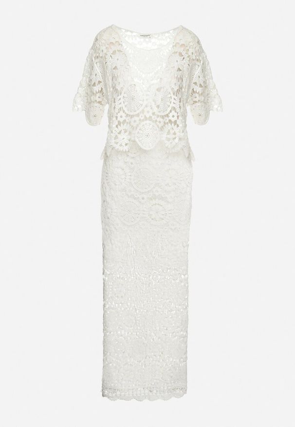 Born2be - Biały Bawełniany Komplet Ażurowy z Bluzką i Spódnicą Maxi Zanetha. Kolor: biały. Materiał: bawełna. Wzór: ażurowy