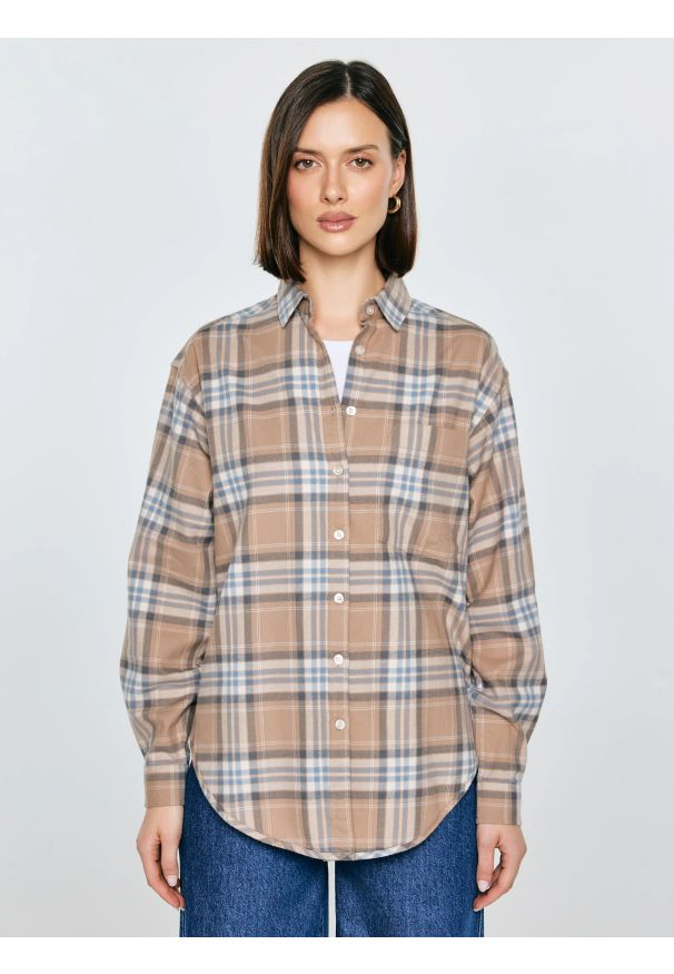 Big-Star - Koszula damska flanelowa w kratę beżowa Notina 801. Okazja: na co dzień. Typ kołnierza: kołnierzyk klasyczny. Kolor: beżowy. Materiał: tkanina. Wzór: kratka. Styl: klasyczny, casual