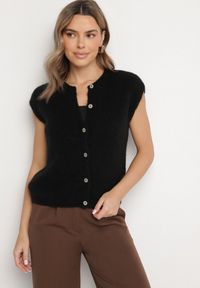 Born2be - Czarna Kamizelka z Dzianiny z Moherem Zapinana na Guziki Voquira. Okazja: na co dzień. Kolor: czarny. Materiał: moher, dzianina. Styl: elegancki, casual