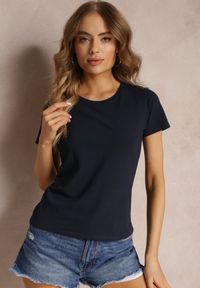 Renee - Granatowy Bawełniany T-shirt Melinthe. Okazja: na co dzień. Kolor: niebieski. Materiał: bawełna. Długość rękawa: krótki rękaw. Długość: krótkie. Styl: casual #3