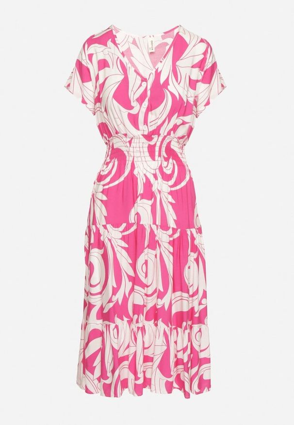 Born2be - Różowa Sukienka z Bawełny Ozdobiona Guzikami i Geometrycznym Wzorem Talissea. Okazja: na co dzień. Typ kołnierza: dekolt w kształcie V. Kolor: różowy. Materiał: bawełna. Wzór: geometria, aplikacja. Sezon: lato. Styl: casual