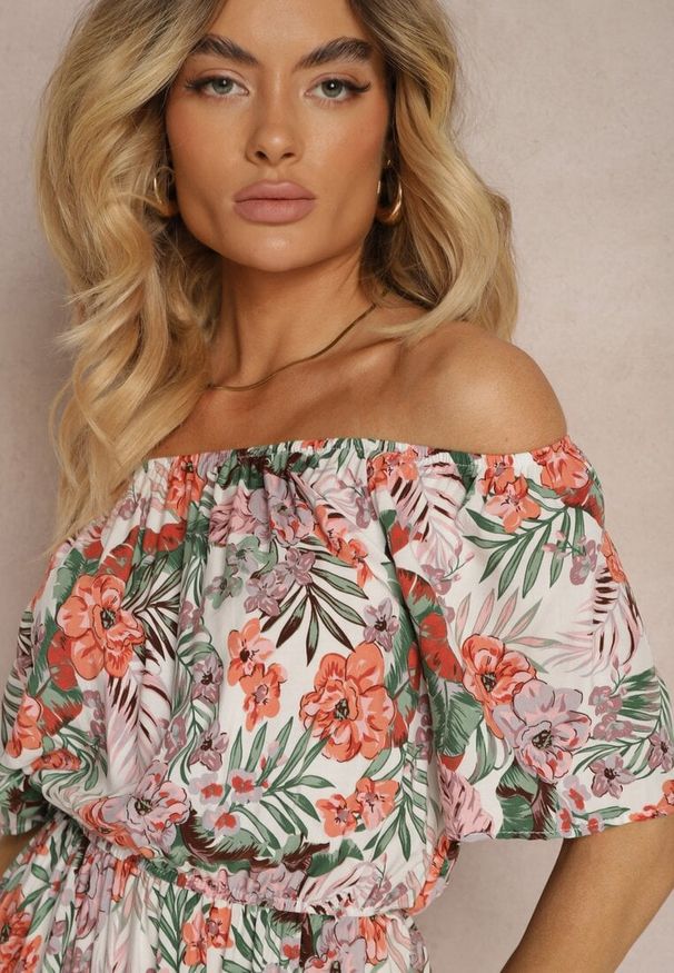 Renee - Biało-Pomarańczowa Sukienka z Bawełny w Kwiatowy Print Dimizama. Okazja: na co dzień. Kolor: biały. Materiał: bawełna. Długość rękawa: krótki rękaw. Wzór: kwiaty, nadruk. Sezon: lato. Typ sukienki: proste. Styl: elegancki, casual
