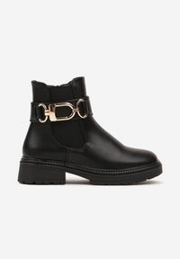 Born2be - Czarne Płaskie Botki Sztyblety z Metalową Aplikacją Wokół Cholewki Miarinae. Okazja: na uczelnię. Kolor: czarny. Materiał: jeans. Szerokość cholewki: normalna. Wzór: aplikacja. Styl: elegancki