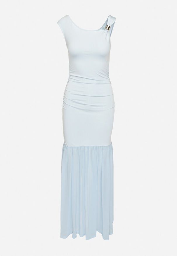 Born2be - Niebieska Koktajlowa Sukienka z Wiskozą Ozdobiona Marszczeniem Galapina. Okazja: na imprezę. Kolor: niebieski. Materiał: wiskoza. Wzór: aplikacja. Styl: wizytowy