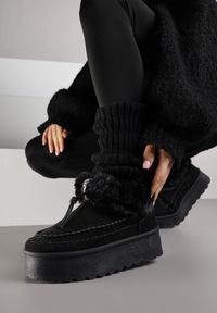 Born2be - Czarne Śniegowce na Grubej Podeszwie z Ozdobnymi Przeszyciami i Futerkiem Lindera. Okazja: na co dzień. Kolor: czarny. Materiał: futro. Styl: casual #5