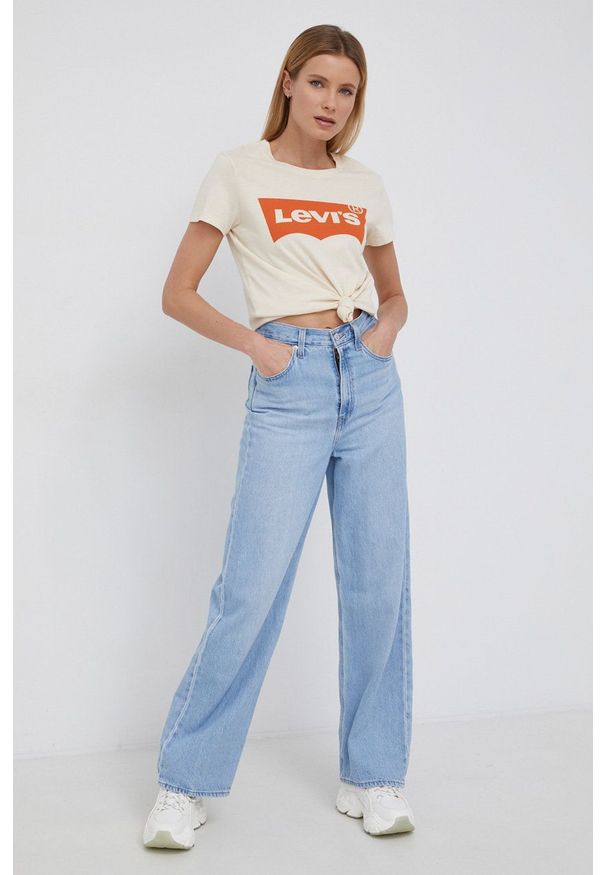 Levi's® - Levi's T-shirt bawełniany kolor kremowy. Okazja: na co dzień, na spotkanie biznesowe. Kolor: beżowy. Materiał: bawełna. Wzór: nadruk. Styl: biznesowy, casual