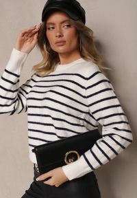 Renee - Biały Casualowy Sweter w Paski o Prostym Kroju Riavelleth. Okazja: na co dzień. Kolor: biały. Materiał: jeans. Długość rękawa: długi rękaw. Długość: długie. Wzór: paski. Styl: casual