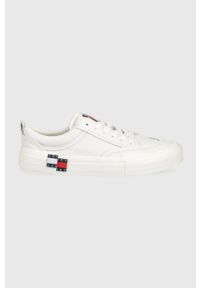 Tommy Jeans tenisówki skórzane męskie kolor biały. Nosek buta: okrągły. Zapięcie: sznurówki. Kolor: biały. Materiał: skóra