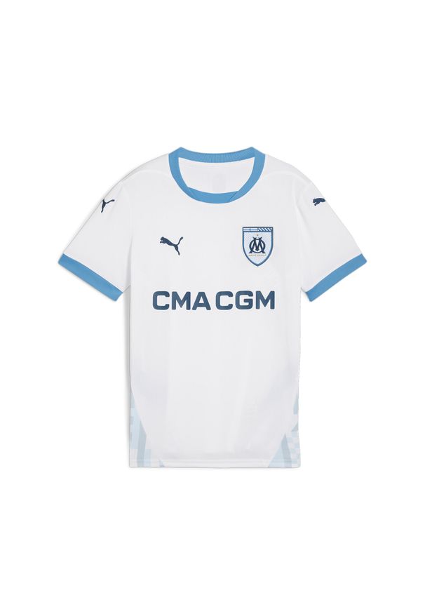 Puma - Młodzieżowa koszulka domowa Olympique Marsylia 24/25 PUMA White Bleu Azur Blue. Kolor: niebieski, wielokolorowy, biały. Sport: piłka nożna