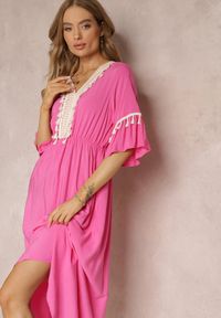 Renee - Fuksjowa Sukienka Maxi z Gumką w Talii z Ozdobnymi Chwostami z Wiskozy Zisel. Kolor: różowy. Materiał: wiskoza. Długość: maxi #5