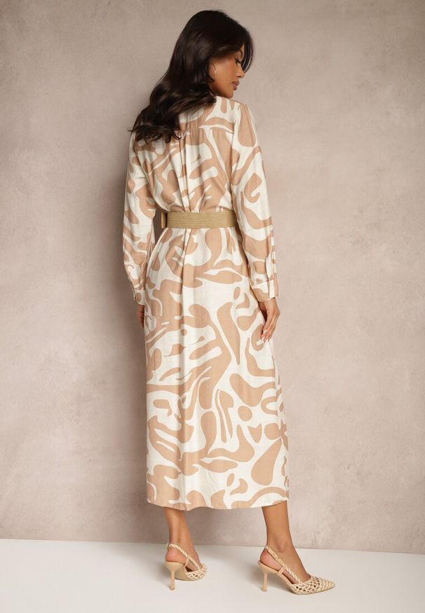 Renee - Beżowa Sukienka z Wiskozą o Koszulowym Kroju z Plecionym Paskiem Faledina. Okazja: na co dzień. Kolor: beżowy. Materiał: wiskoza. Długość rękawa: długi rękaw. Sezon: wiosna, lato. Typ sukienki: koszulowe. Styl: casual, klasyczny