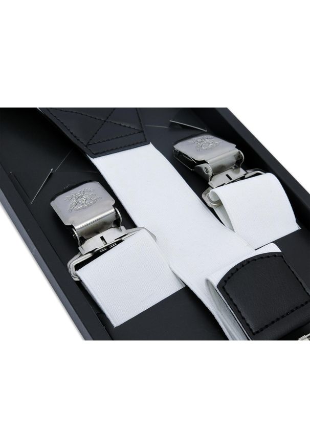 Modini - Szerokie białe szelki do spodni z czarnymi skórkami SZ134. Kolor: wielokolorowy, czarny, biały. Materiał: skóra, guma