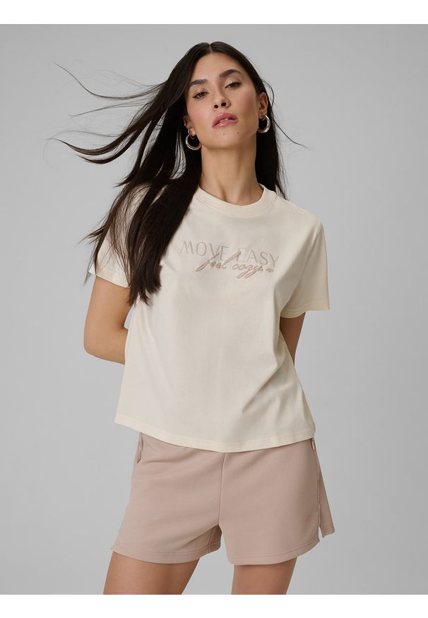 4f - 4F T-shirt boxy z nadrukiem damski - beżowy XS. Okazja: na co dzień. Kolor: beżowy. Materiał: jeans, materiał. Wzór: nadruk. Styl: casual