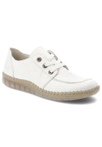 Półbuty damskie Rieker, skórzana cholewka z naturalnej skóry klasyczna niska forma z wiązaniem elastyczna lekka podeszwa wygodny model do codziennego. Okazja: na co dzień. Zapięcie: sznurówki. Kolor: biały. Materiał: skóra. Szerokość cholewki: normalna. Sezon: wiosna, lato. Styl: casual, klasyczny #1
