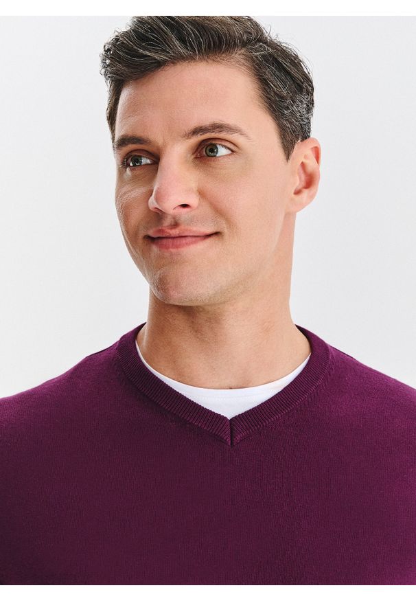 Pako Lorente - PAKO LORENTE – Fioletowy bawełniany sweter v-neck. Okazja: na co dzień. Kolor: fioletowy, czarny. Materiał: bawełna. Sezon: jesień. Styl: casual