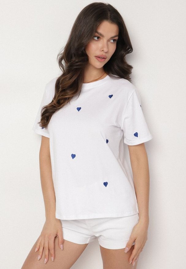 Born2be - Biało-Niebieski T-shirt z Bawełny w Serca Kolavelle. Okazja: na co dzień, na spacer. Kolor: biały. Materiał: bawełna. Styl: klasyczny, casual