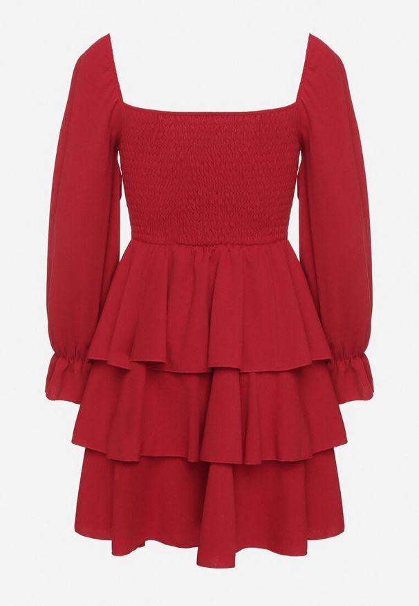Born2be - Czerwona Rozkloszowana Sukienka z Falbankami i Bufiastymi Rękawami Semithara. Okazja: na co dzień. Typ kołnierza: kołnierz z falbankami. Kolor: czerwony. Wzór: aplikacja. Styl: klasyczny, casual, elegancki