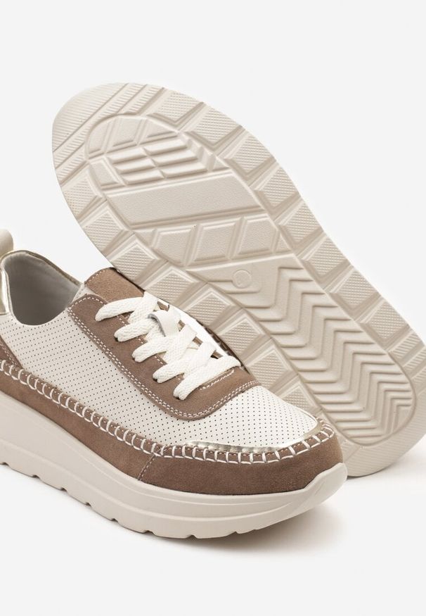 Born2be - Beżowo-Brązowe Skórzane Sneakersy z Perforacją Przeszyciami i Metalicznymi Wstawkami Reimara. Okazja: na co dzień. Kolor: beżowy. Materiał: skóra