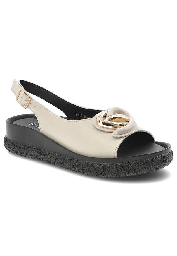 Sandały damskie S.Barski, cholewka ze skóry naturalnej licowej model na płaskiej podeszwie z ozdobną broszką, beżowe, KV61-6047. Kolor: beżowy. Materiał: skóra. Obcas: na płaskiej podeszwie