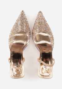 Renee - Szampańskie Szpilki z Odkrytą Piętą i Transparentnym Noskiem z Cyrkoniami Kalinata. Okazja: na co dzień. Kolor: złoty. Materiał: jeans, koronka. Wzór: aplikacja. Obcas: na szpilce. Styl: casual, klasyczny, wizytowy #7