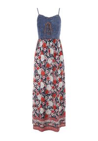 Born2be - Granatowa Sukienka Giric. Typ kołnierza: dekolt gorset. Kolor: niebieski. Materiał: jeans. Długość rękawa: na ramiączkach. Wzór: aplikacja, kwiaty. Typ sukienki: gorsetowe, rozkloszowane. Styl: boho. Długość: maxi #5