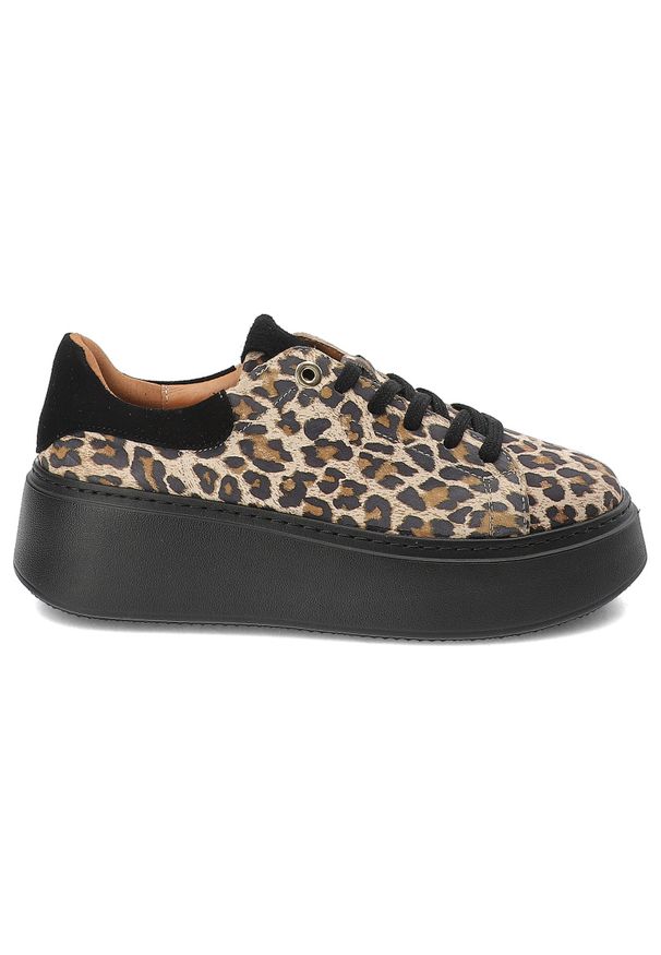 Panterka Sneakersy Armodo Damskie Obuwie Premium. Zapięcie: sznurówki. Kolor: czarny. Materiał: zamsz. Wzór: motyw zwierzęcy. Obcas: na platformie