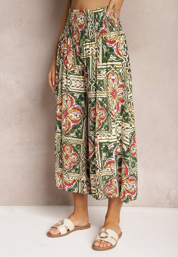 Renee - Zielono-Różowe Spodnie Kuloty z Bawełny High Waist z Gumką w Pasie Palovia. Okazja: na co dzień. Stan: podwyższony. Kolor: zielony. Materiał: bawełna. Styl: casual