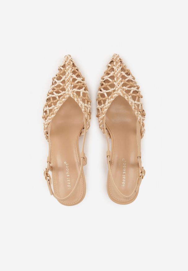 Born2be - Ciemnobeżowe Ażurowe Czółenka z Plecionki na Niskiej Szpilce Nilgias. Okazja: na co dzień. Zapięcie: pasek. Kolor: beżowy. Materiał: len. Wzór: ażurowy. Styl: boho, casual, klasyczny, elegancki