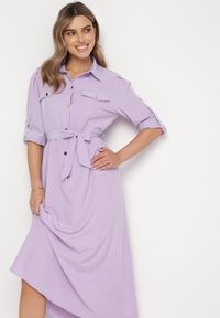 Born2be - Jasnofioletowa Rozkloszowana Sukienka Maxi z Koszulową Górą i Wiązanym Paskiem Indiga. Kolor: fioletowy. Materiał: materiał. Wzór: jednolity. Typ sukienki: koszulowe. Długość: maxi #6
