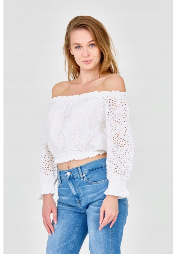 Guess - GUESS Damski biały crop top. Kolor: biały. Materiał: bawełna