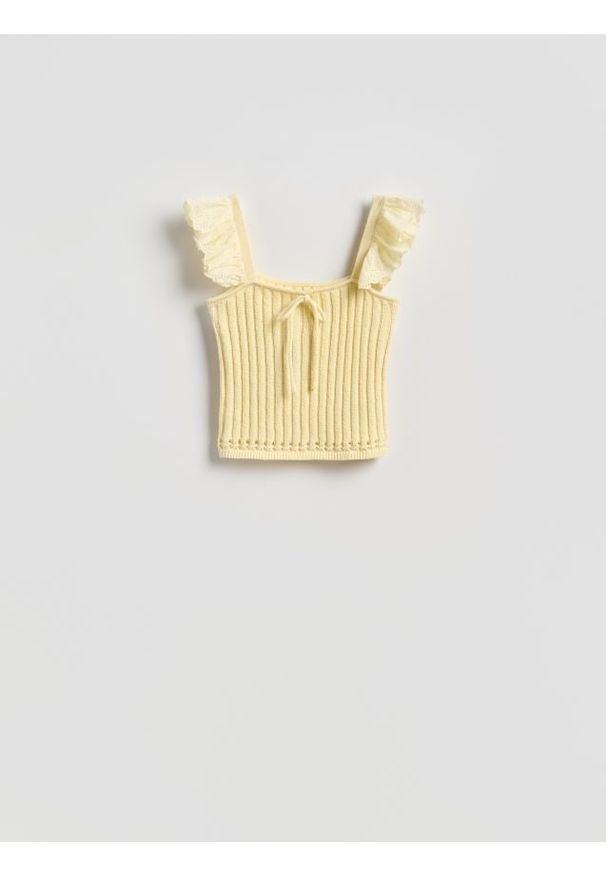 Reserved - Bluzka z wiązaniem - jasnożółty. Kolor: żółty. Materiał: dzianina, bawełna