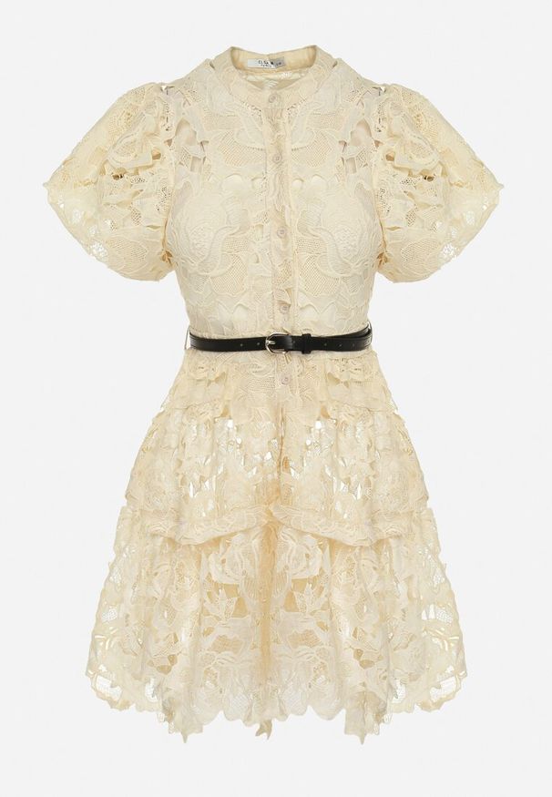 Born2be - Jasnobeżowa Koronkowa Sukienka Koszulowa Mini z Paskiem Nilira. Kolor: beżowy. Materiał: koronka. Typ sukienki: koszulowe. Długość: mini