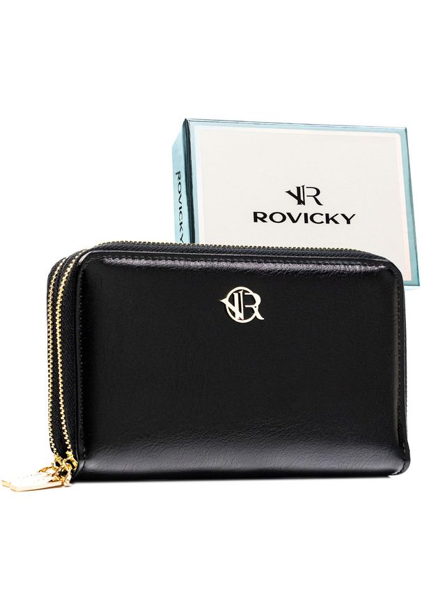 ROVICKY - Duży, czarny portfel damski ze skóry ekologicznej zamykany suwakiem - Rovicky. Kolor: czarny. Materiał: skóra ekologiczna