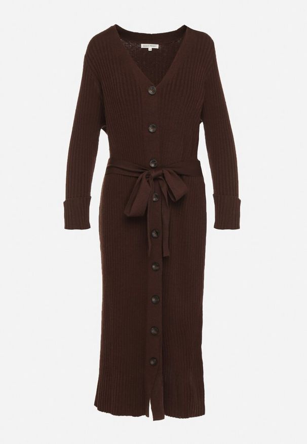 Born2be - Brązowa Sukienka na Guziki z Prążkowanej Dzianiny z Dodatkiem Wełny Nalisea. Okazja: na co dzień. Typ kołnierza: dekolt w serek. Kolor: brązowy. Materiał: prążkowany, wełna, dzianina. Długość rękawa: długi rękaw. Typ sukienki: proste. Styl: klasyczny, casual