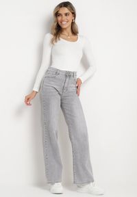 Born2be - Jasnoszare Jeansy Szerokie z Bawełny z Wyższym Stanem Adrinca. Okazja: na co dzień. Stan: podwyższony. Kolor: szary. Styl: casual #1