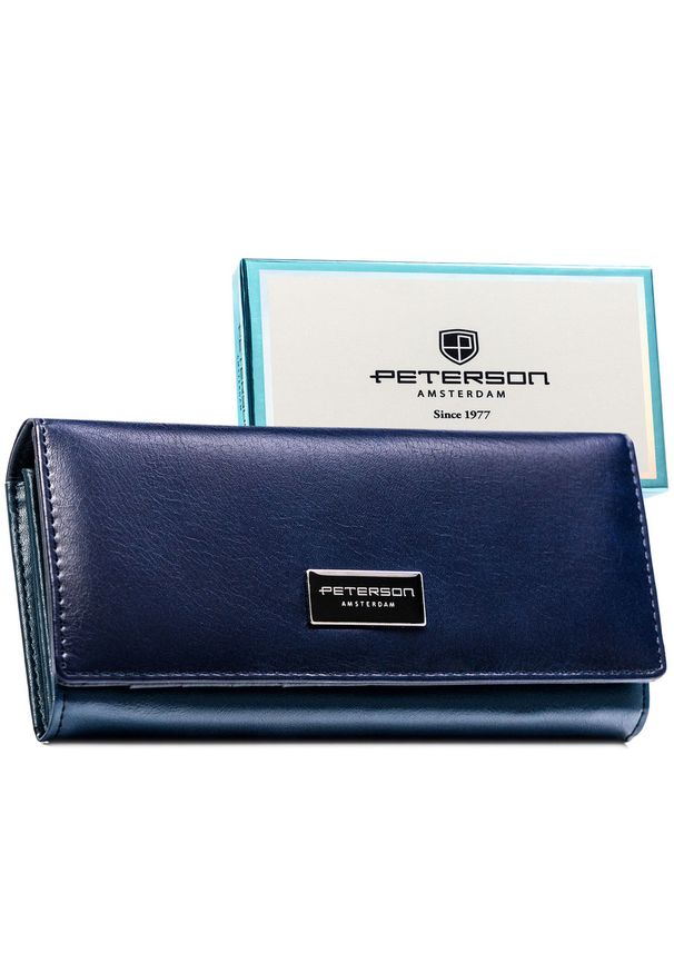 Duży, poziomy portfel damski ze skóry naturalnej i ekologicznej w granatowym kolorze - Peterson. Kolor: niebieski. Materiał: skóra ekologiczna