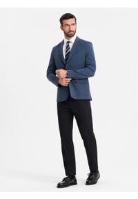 Ombre Clothing - Elegancka marynarka męska SLIM FIT z rayonem – ciemnoniebieska V3. Kolor: niebieski. Materiał: tkanina, poliester, materiał. Wzór: ze splotem. Styl: elegancki #7