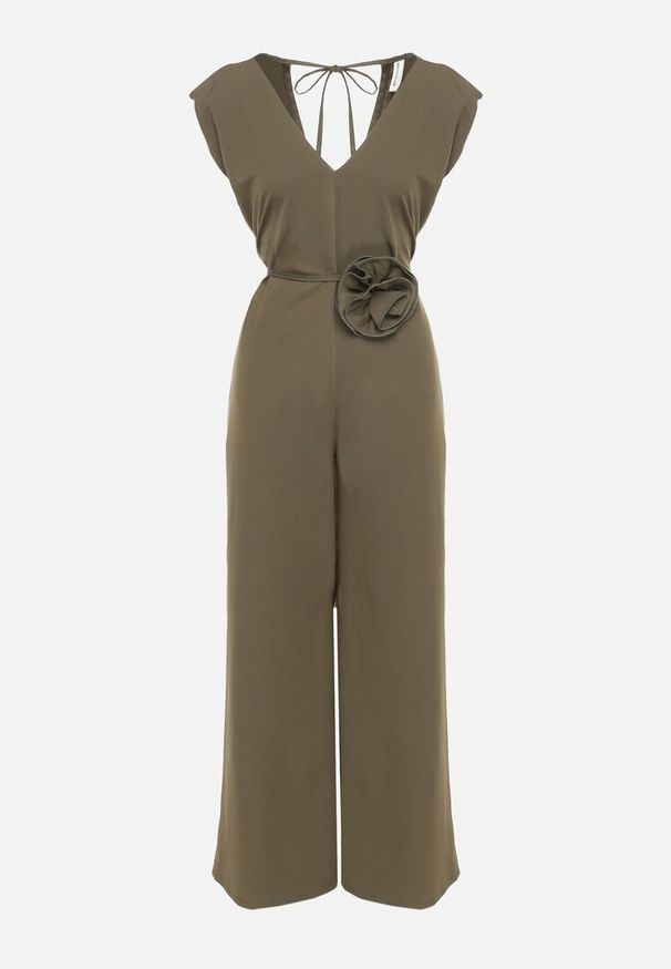 Born2be - Zielony Wiązany Kombinezon z Prostymi Nogawkami i Wiskozą oraz Kwiatową Aplikacją Dimenna. Kolor: zielony. Materiał: wiskoza. Wzór: kwiaty, aplikacja. Styl: elegancki